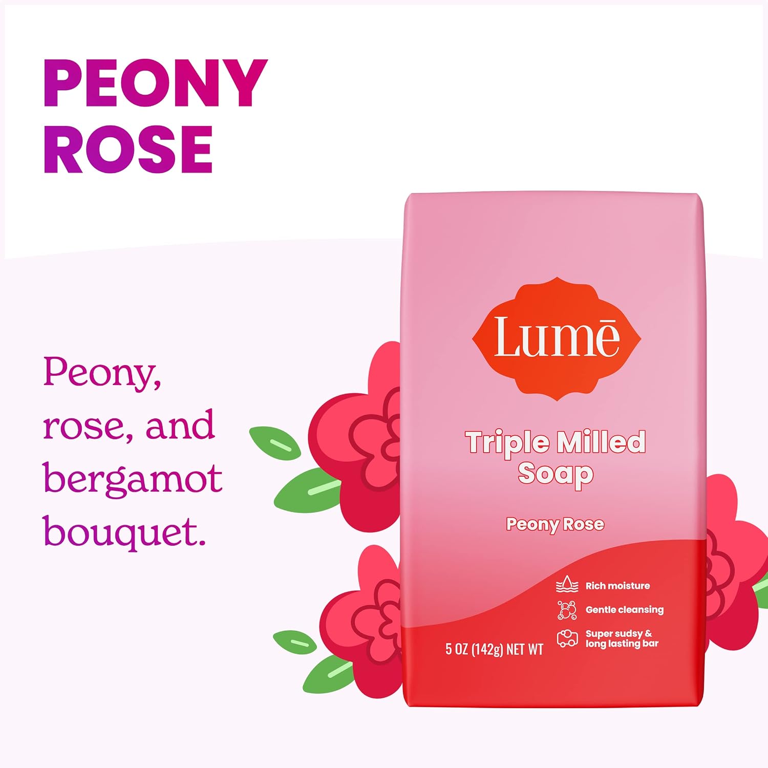 Lume Triple Milled Bar Soap - Rich Moisture & Gentle Cleansing - Paraben Free. Phthalate Free. Skin Safe - 5 ounce (Pack of 4) (Peony Rose)